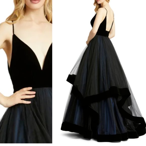MAC DUGGAL TIERED VELVET & TULLE EMPIRE BLACK BALL-GOWN sz 12 - Picture 2 of 3